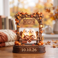 Personalized Fall Couple Wooden Block, Custom Ghost Love Decor with Initials & Date, Autumn Anniversary Wedding Keepsake