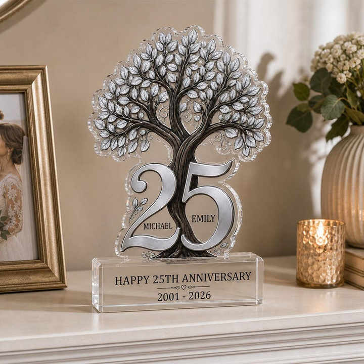 Personalized 25th Anniversary Acrylic Plaque, Custom Silver Anniversary Gift for Couple, Parents Wedding Keepsake