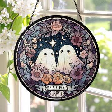 Custom Ghost Couple 'Till Death Do Us Part Wedding Gift Stained Glass Suncatcher Spooky Halloween Decor Ghost Lovers Gothic Anniversary Gift