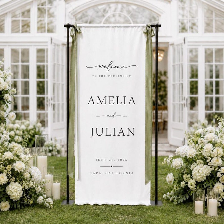 Personalized Wedding Welcome Tapestry for Ceremony, Custom Couple Names Date & Location Banner, Elegant Fabric Wedding Sign