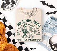 Personalized Mr & Mrs Skeleton Wedding Shirts, Custom Last Name Just Married Couple Tees, Till Death Halloween Newlywed Gift