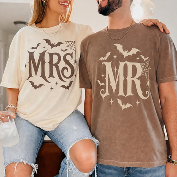 Mr and Mrs Halloween Shirts, Matching Bat Couple Tees, Gothic Newlywed Wedding Shirts