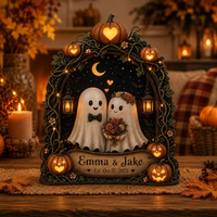 Custom Halloween Ghost Couple Wooden Block, Personalized Names Date Spooky Love Decor, Pumpkin Wedding Anniversary Gift