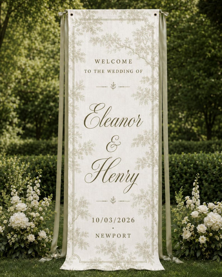 French Toile Wedding Welcome Sign, Personalized Linen Wedding Tapestry, Vintage Garden Wedding Banner, Custom Couple Names Decor
