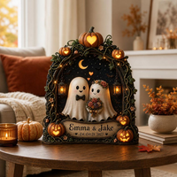 Custom Halloween Ghost Couple Wooden Block, Personalized Names Date Spooky Love Decor, Pumpkin Wedding Anniversary Gift