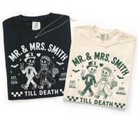 Personalized Mr & Mrs Skeleton Wedding Shirts, Custom Last Name Just Married Couple Tees, Till Death Halloween Newlywed Gift