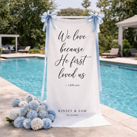 Personalized Wedding Tapestry for Christian Wedding Ceremony, 1 John 4:19 Fabric Banner, Custom Couple Names & Date Wedding Decor