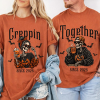 Halloween Couple Shirt, Personalized Custom Year Skeleton Couple Tee, Creepin Together Matching Spooky Gift