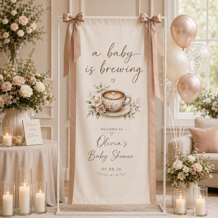 Personalized Linen  Baby Is Brewing Baby Shower Welcome Banner, Coffee Theme Baby Shower Sign