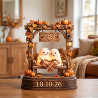 Personalized Fall Couple Wooden Block, Custom Ghost Love Decor with Initials & Date, Autumn Anniversary Wedding Keepsake