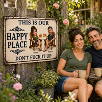 Personalized Happy Place Metal Sign for Couples, Custom Cartoon Photo Sign, Funny Patio & Backyard Decor, Anniversary Housewarming Gift