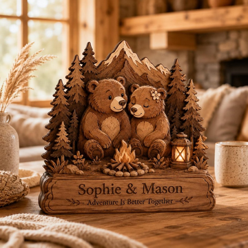 Personalized Bear Couple Wooden Plaque, Custom Names Anniversary Gift, Rustic Cabin Decor, Camping Couple Gift