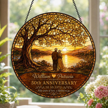 Personalized 50th Anniversary Stained Glass Suncatcher, Custom Names Wedding Date Decor