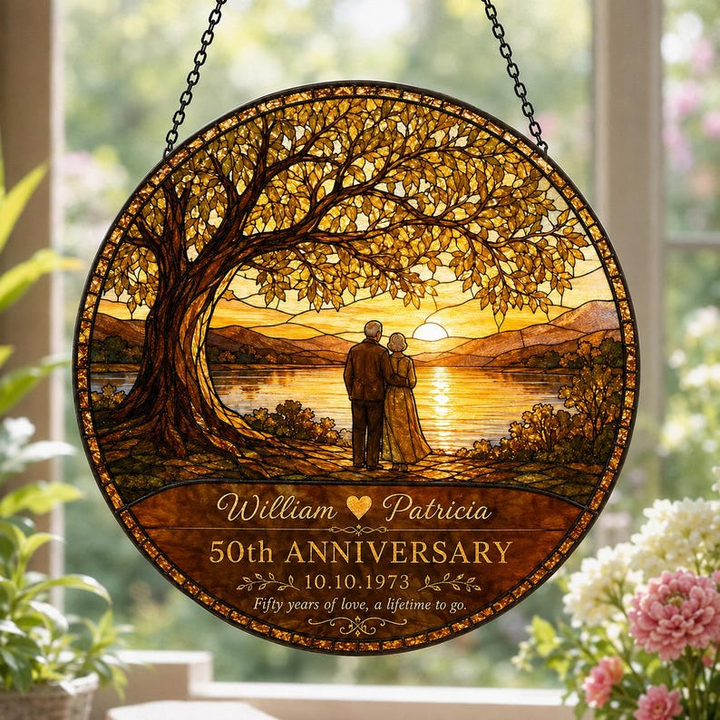 Personalized 50th Anniversary Stained Glass Suncatcher, Custom Names Wedding Date Decor
