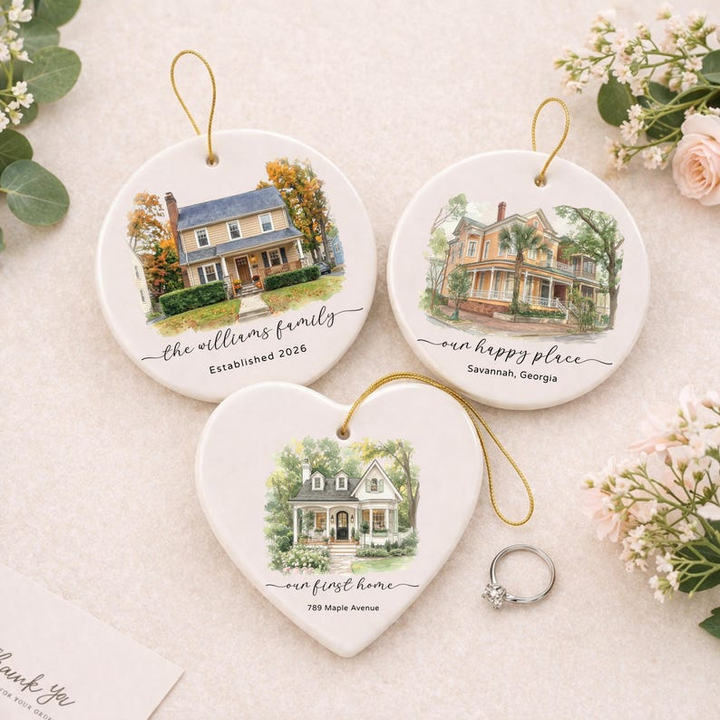 Custom Watercolor New Home Ornament l Personalized House Address Keepsake l Newly Wed Gift