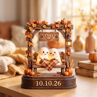Personalized Fall Couple Wooden Block, Custom Ghost Love Decor with Initials & Date, Autumn Anniversary Wedding Keepsake