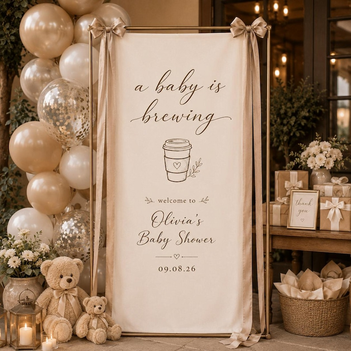 Personalized Linen Baby Is Brewing Baby Shower Welcome Banner, Coffee Theme Baby Shower Sign, Custom Fabric Welcome Banner