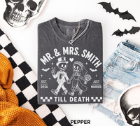Personalized Mr & Mrs Skeleton Wedding Shirts, Custom Last Name Just Married Couple Tees, Till Death Halloween Newlywed Gift