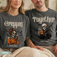 Halloween Couple Shirt, Personalized Custom Year Skeleton Couple Tee, Creepin Together Matching Spooky Gift