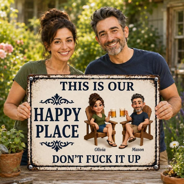 Personalized Happy Place Metal Sign for Couples, Custom Cartoon Photo Sign, Funny Patio & Backyard Decor, Anniversary Housewarming Gift