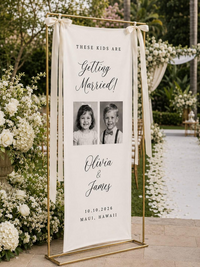 Personalized Wedding Welcome Banner for Ceremony, Custom Childhood Photo Wedding Sign, Couple Names Date & Location Decor