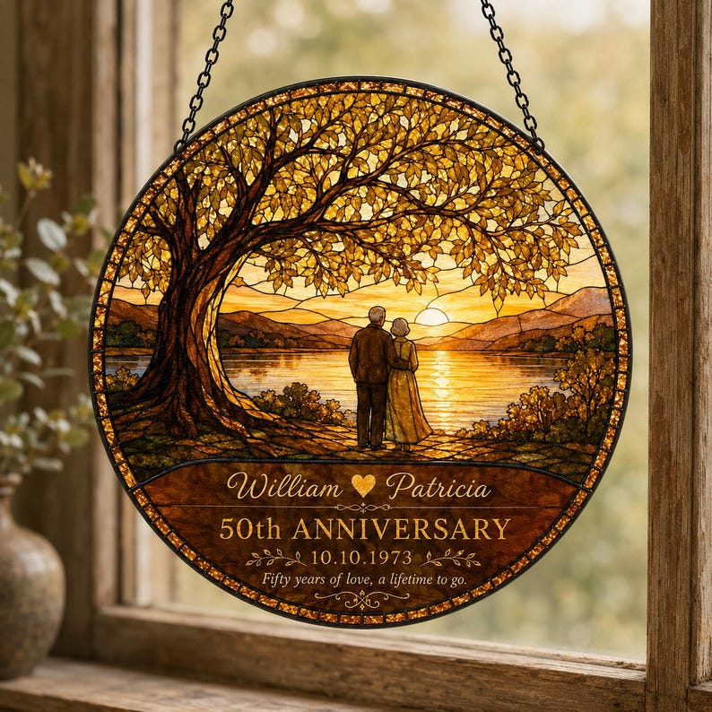 Personalized 50th Anniversary Stained Glass Suncatcher, Custom Names Wedding Date Decor