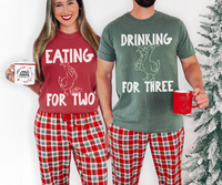 Funny Christmas Pregnancy Couple Shirts for Expecting Parents, Eating for Two Drinking for Three Matching Tees, Holiday Baby Announcement Gift