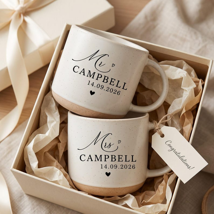 Mr and Mrs Mug Set, Personalized Wedding Pottery  Mug, Engagement Gift for Couple, Bride and Groom Ceramic Coffee Cup, Anniversary Gift