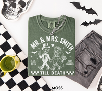 Personalized Mr & Mrs Skeleton Wedding Shirts, Custom Last Name Just Married Couple Tees, Till Death Halloween Newlywed Gift