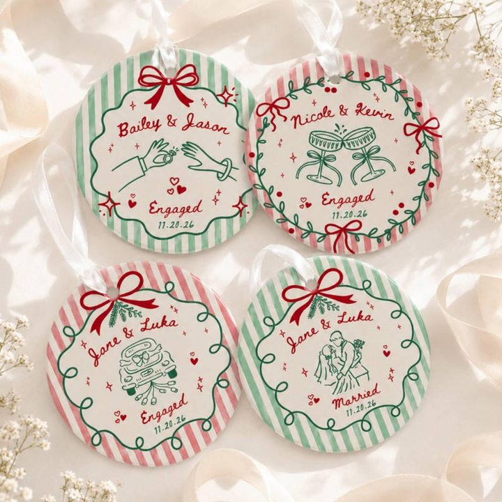 First Christmas Engaged Ornament, Engagement Gift For Couples, Ceramic Married Ornament, Striped Wedding Ornament