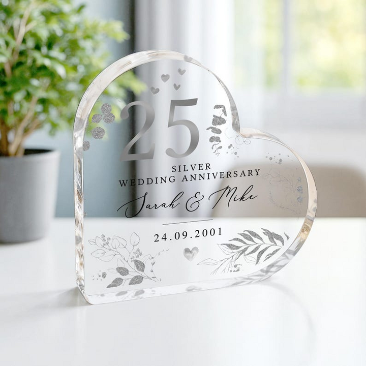 Personalized Heart Acrylic Plaque Keepsake for 25th Anniversary, Custom Couple Names & Wedding Date Silver Anniversary Gift for Parents Grandparents