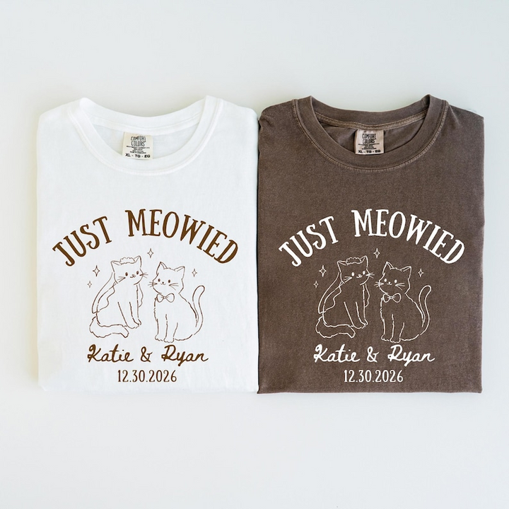 Just Married Cat Wedding Shirts , Couples Cat Shirt Just Meowied Funny Honeymoon Shirts