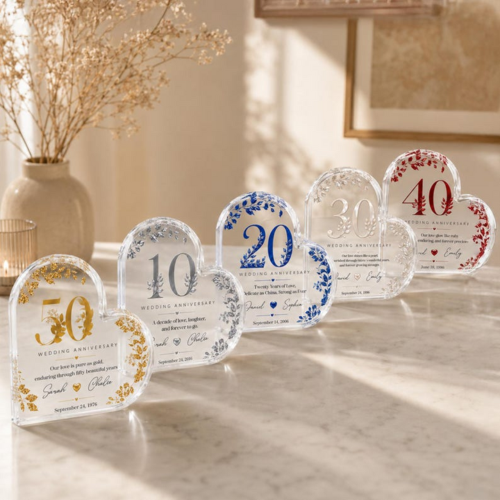 Personalized Heart Acrylic Plaque Keepsake for Wedding Anniversary, Custom Couple Names Date & Message Plaque, 10th 20th 30th 40th 50th Anniversary Gift