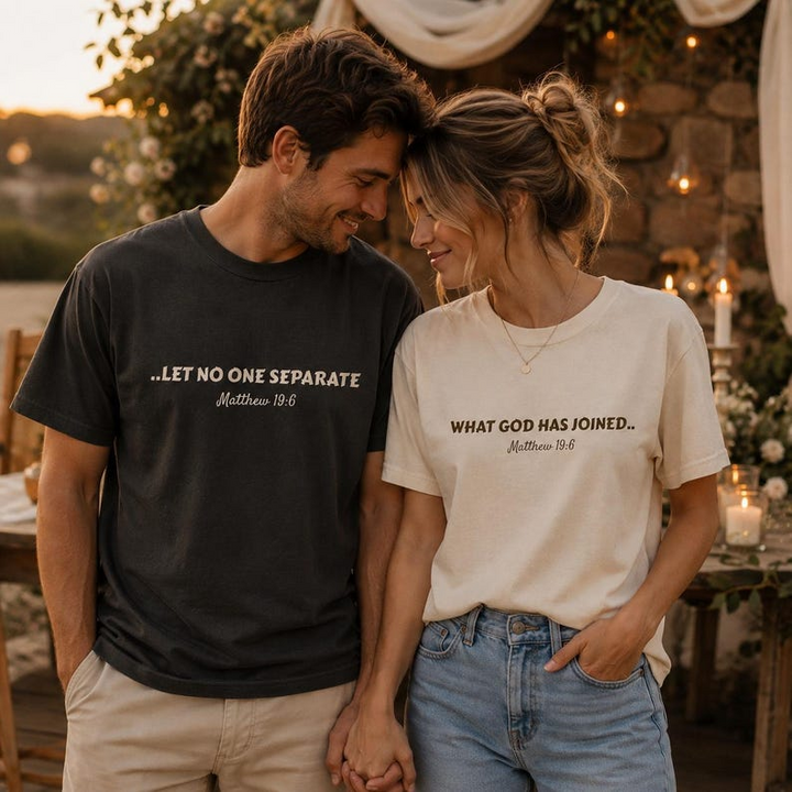 Christian Matching Couple Shirts, Matthew 19:6 Bible Verse T-Shirt, Christian Wedding Gift for Husband & Wife, Christian couple shirts