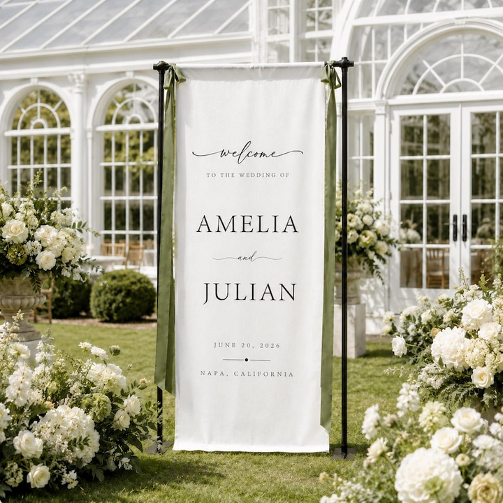 Custom Linen Wedding Welcome Sign, Personalized Fabric Wedding Banner, Modern Boho Wedding Ceremony Entrance Decor
