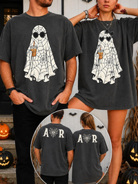 Personalized Ghost Couple Shirts for Halloween, Matching Spooky Couple Tee, Custom Initial Spiderweb Shirt for Couples