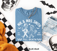 Personalized Mr & Mrs Skeleton Wedding Shirts, Custom Last Name Just Married Couple Tees, Till Death Halloween Newlywed Gift