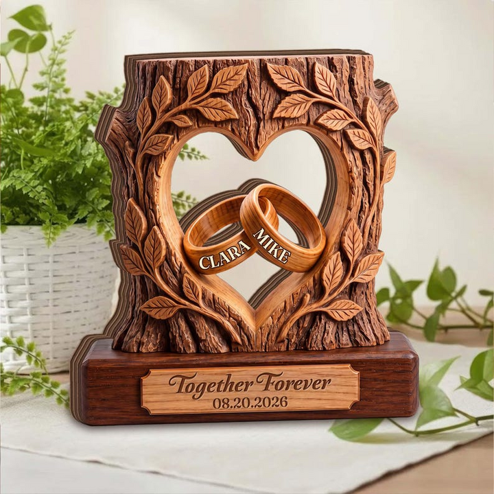 Personalized Couple Heart Tree Wooden Block,Custom Anniversary Keepsake,Wedding Ring Keepsake,Together Forever Anniversary Gift
