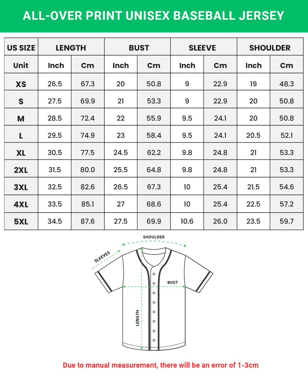 Baseball Jerseys size chart