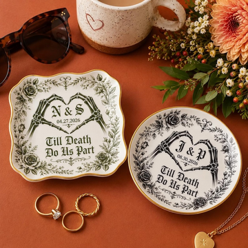 Personalized Skeleton Hand Ring Dish, Till Death Do Us Part Ceramic Jewelry Tray, Custom Gothic Wedding Gift, Spooky Engagement Ring Holder