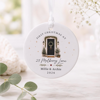 Personalised First Christmas in New Home Decoration, Road Name & Door Colour First Home Family Bauble Ornament Keepsake