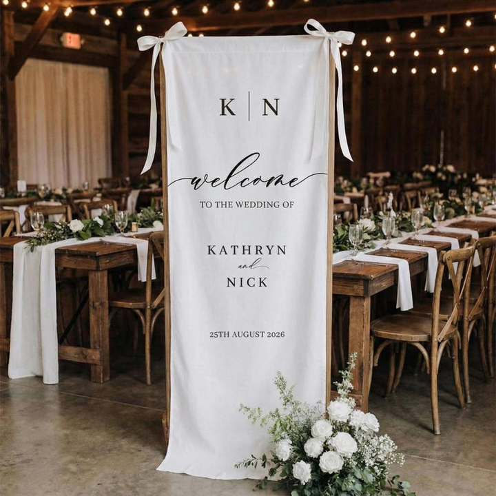 Personalized Wedding Welcome Tapestry for Ceremony, Custom Couple Names & Date Wedding Banner, Elegant Fabric Welcome Sign