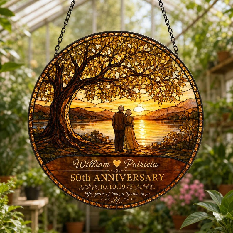Personalized 50th Anniversary Stained Glass Suncatcher, Custom Names Wedding Date Decor