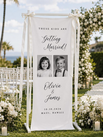 Personalized Wedding Welcome Banner for Ceremony, Custom Childhood Photo Wedding Sign, Couple Names Date & Location Decor