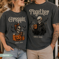 Halloween Couple Shirt, Personalized Custom Year Skeleton Couple Tee, Creepin Together Matching Spooky Gift