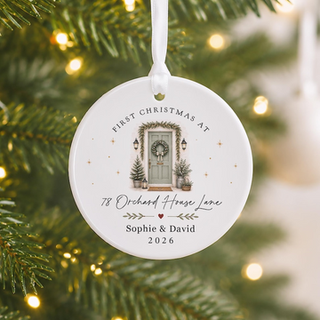 Personalised First Christmas in New Home Decoration, Road Name & Door Colour First Home Family Bauble Ornament Keepsake