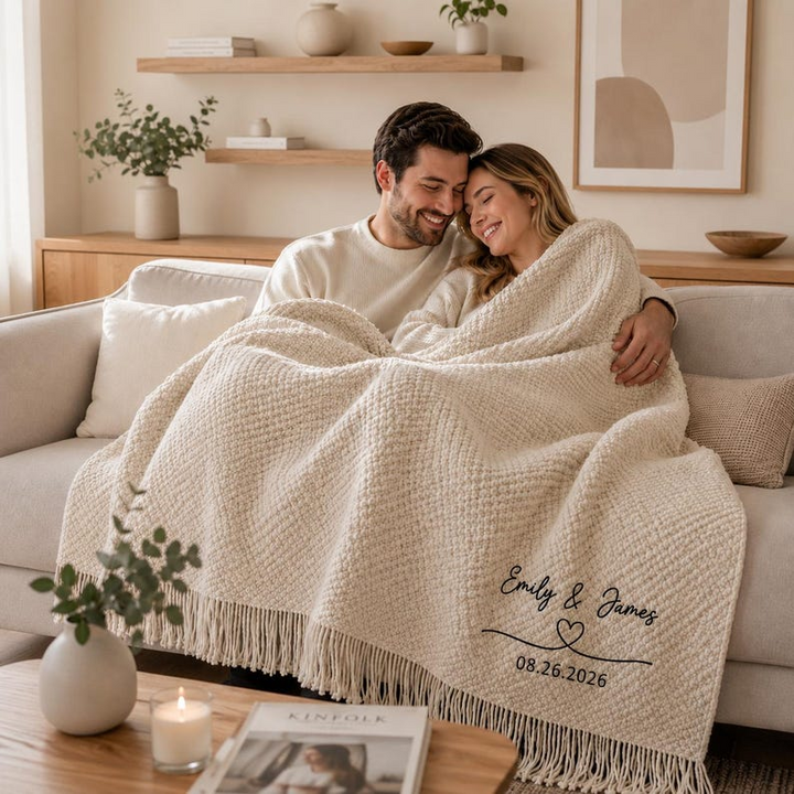 Personalized Anniversary Blanket,Custom Embroidered Couple Names Date Throw,Wedding Anniversary Gift for Wife Husband,Cozy Knit Fringe Throw