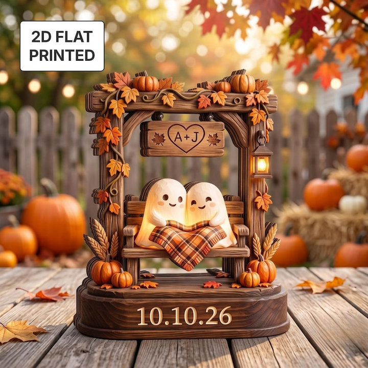 Personalized Fall Couple Wooden Block, Custom Ghost Love Decor with Initials & Date, Autumn Anniversary Wedding Keepsake
