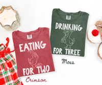 Funny Christmas Pregnancy Couple Shirts for Expecting Parents, Eating for Two Drinking for Three Matching Tees, Holiday Baby Announcement Gift