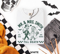 Personalized Mr & Mrs Skeleton Wedding Shirts, Custom Last Name Just Married Couple Tees, Till Death Halloween Newlywed Gift